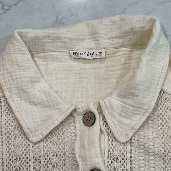 New In Brand Large Ivory Crochet Collared Button Up Boho Long Sleeve Top - Picture 4 of 9
